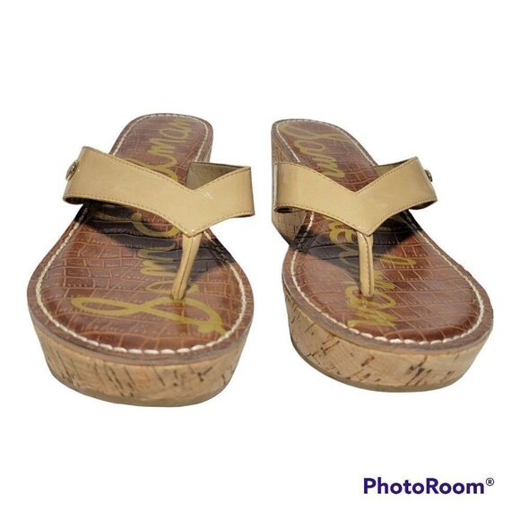 Sam Edelman Wedge Sandals Womens Size 9.5 M Romy Patent Leather Tan Flip Flop - Picture 2 of 12
